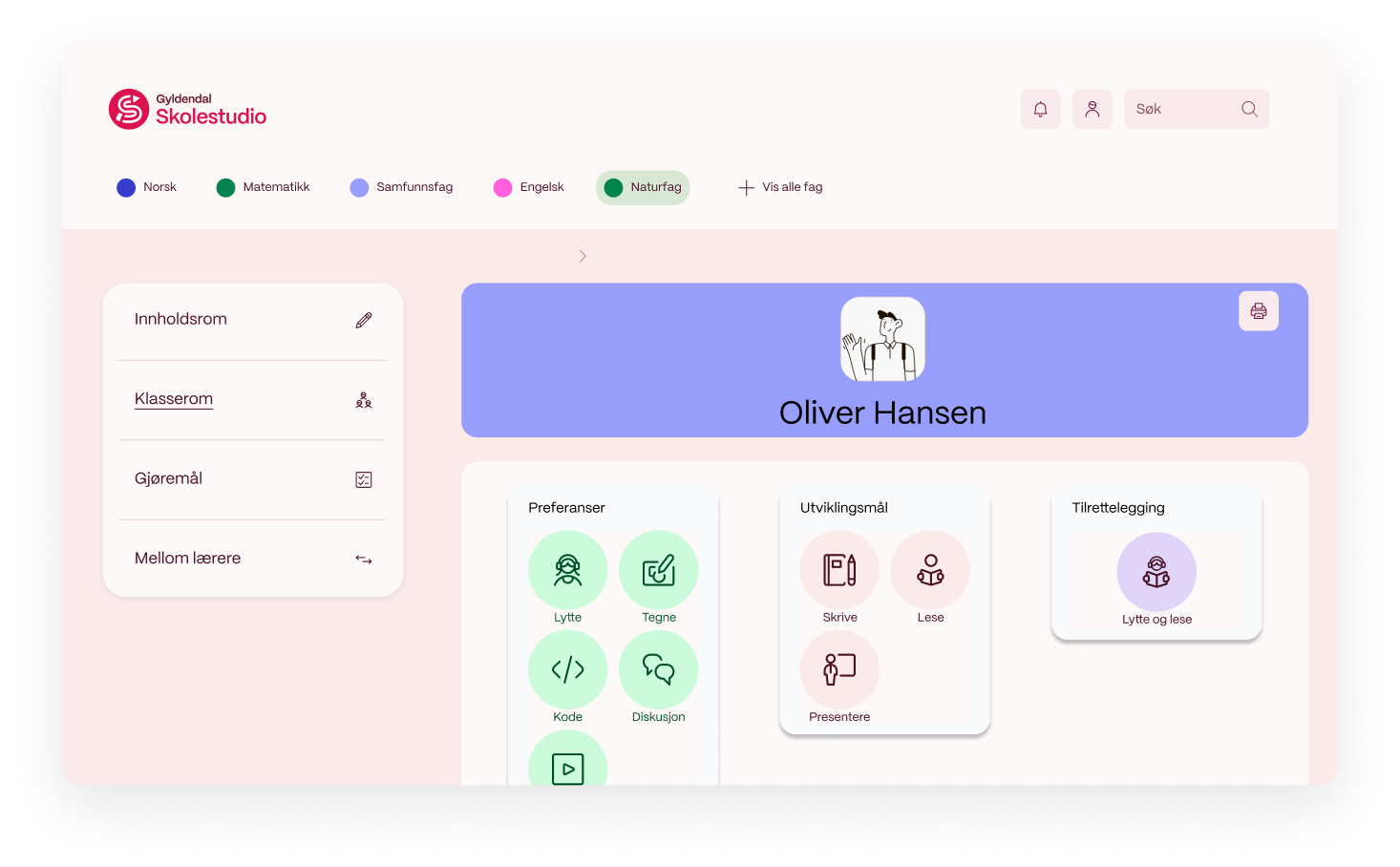 Skolestudio-konsept med elevoversikten Oliver Hansen