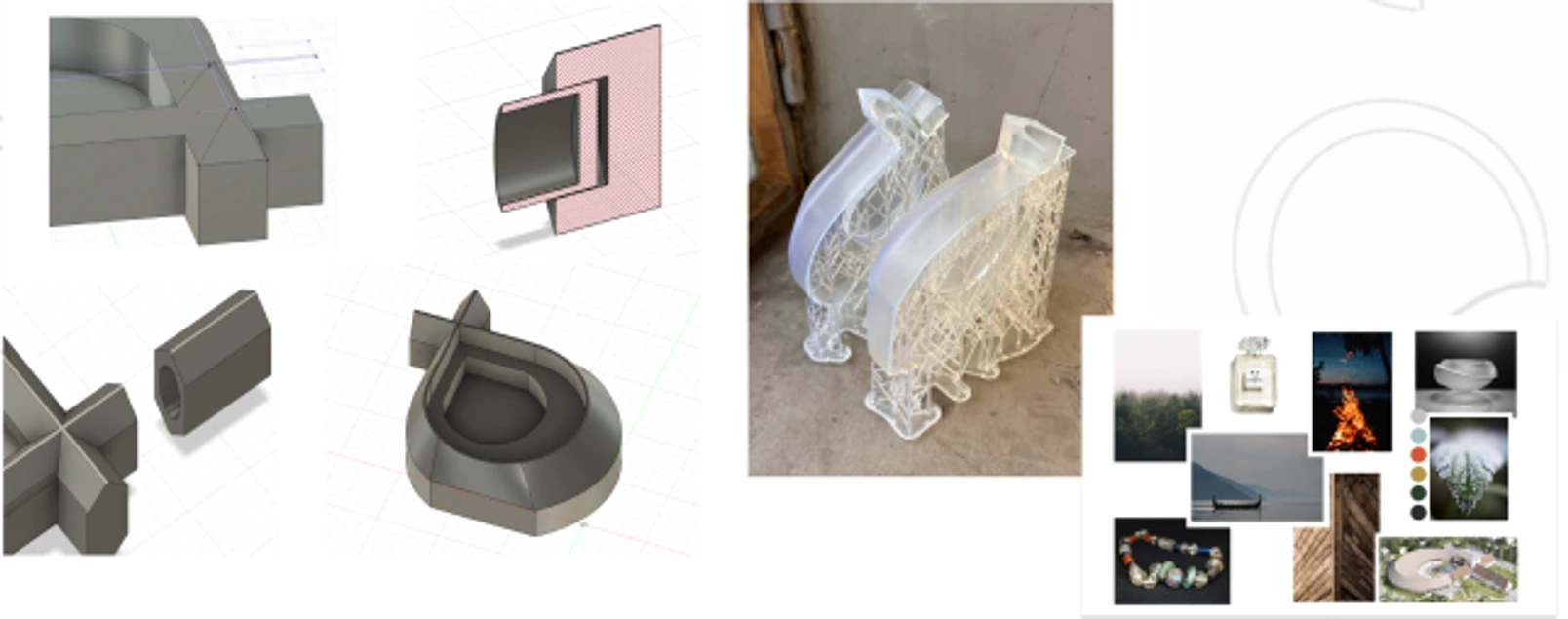 Kollasj med CAD-formstudier, konseptmodeller, transparente prototyper og inspirasjonsbilder